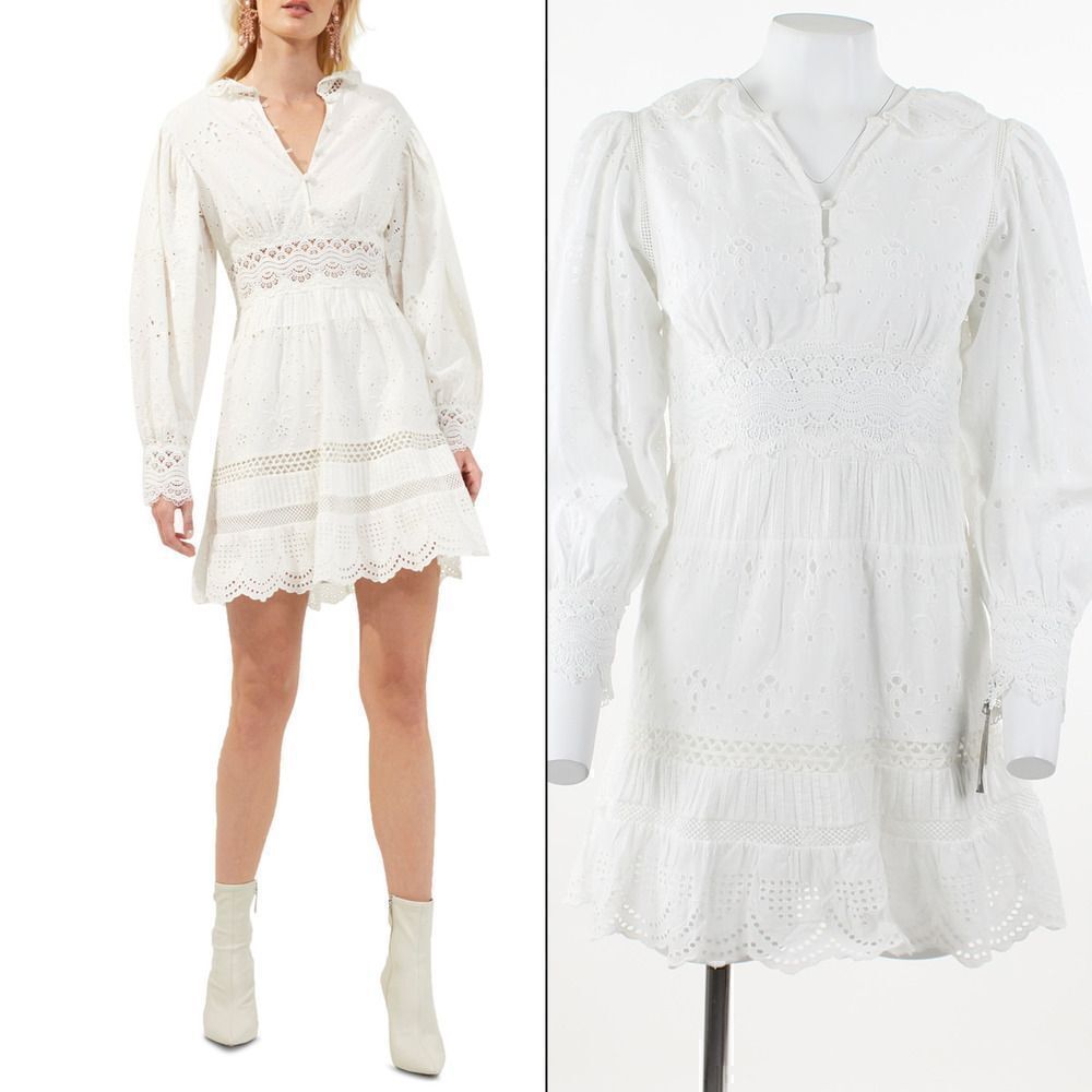 French Connection Broderie Long Sleeve Cotton Shirtdress in Linen White